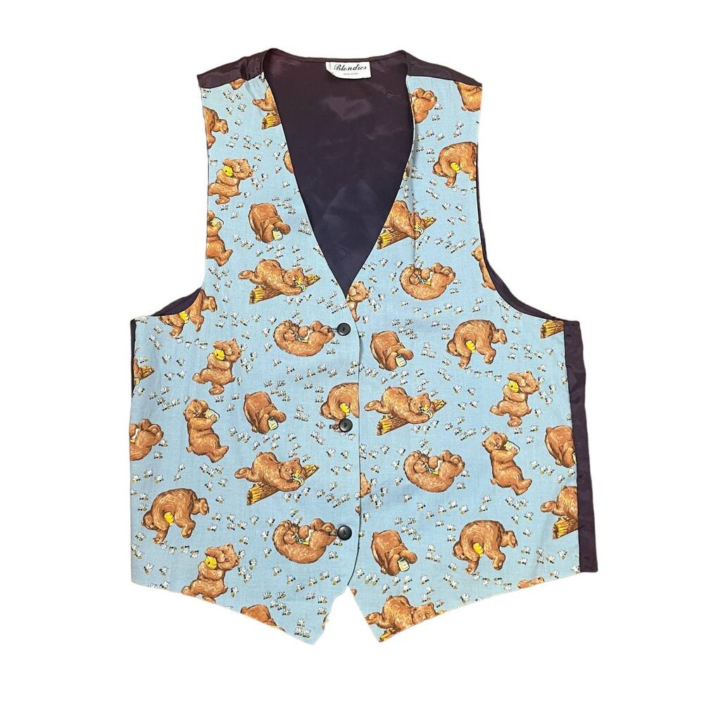 Vintage Bear Honey Print Vest Cute Retro Cottage Grannycore Kidcore Made in USA